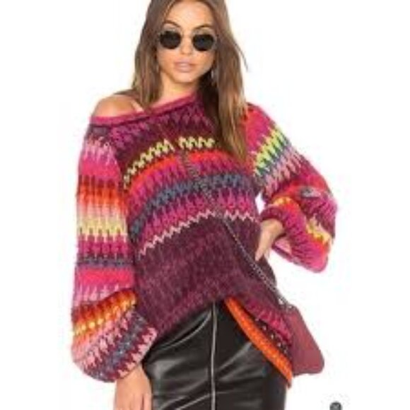 Free People Women's Multicolor Castle In The Sky Rainbow Oversized Sweater Sz S - Picture 1 of 7